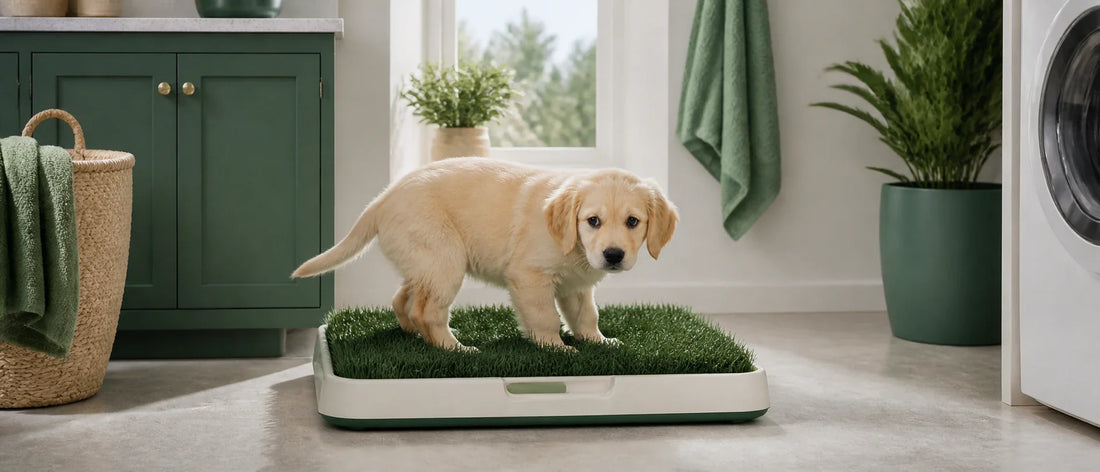 Young puppy calmly using a clean indoor grass toilet tray in a modern apartment utility area - Petifo