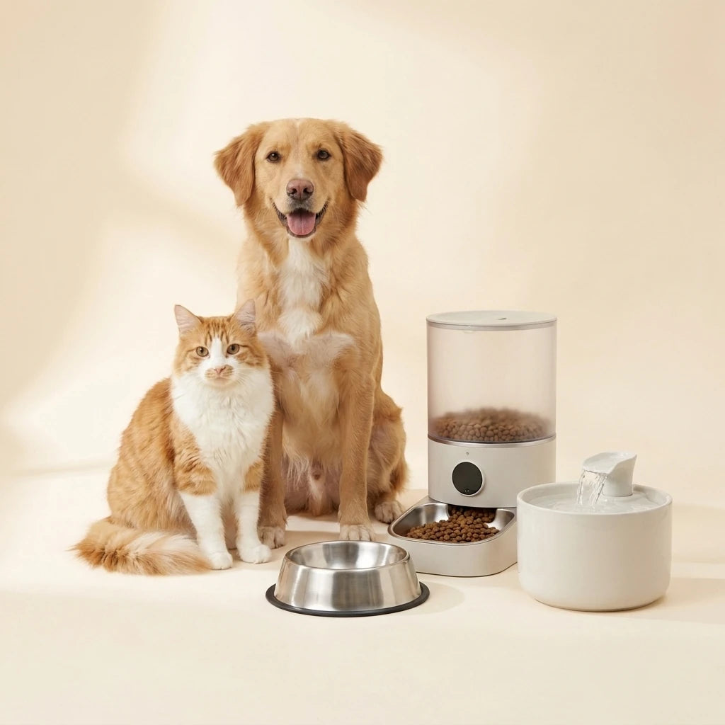 Dog and cat beside modern pet bowls, a feeder and a water fountain – Petifo Bowls, Feeders & Water