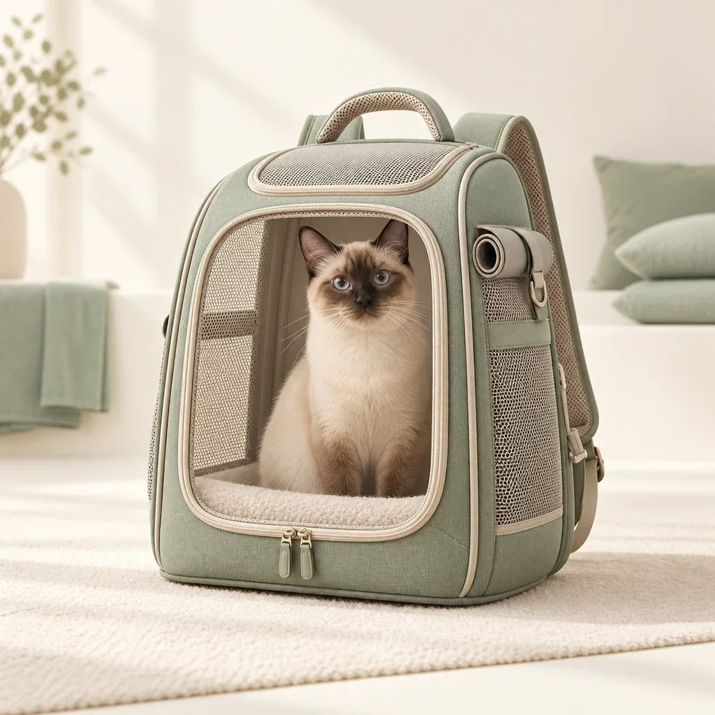 Siamese cat in a sage cat carrier backpack