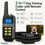 2-in-1 electronic dog training collar packaging display highlighting a 1000m range and anti-bark mode.