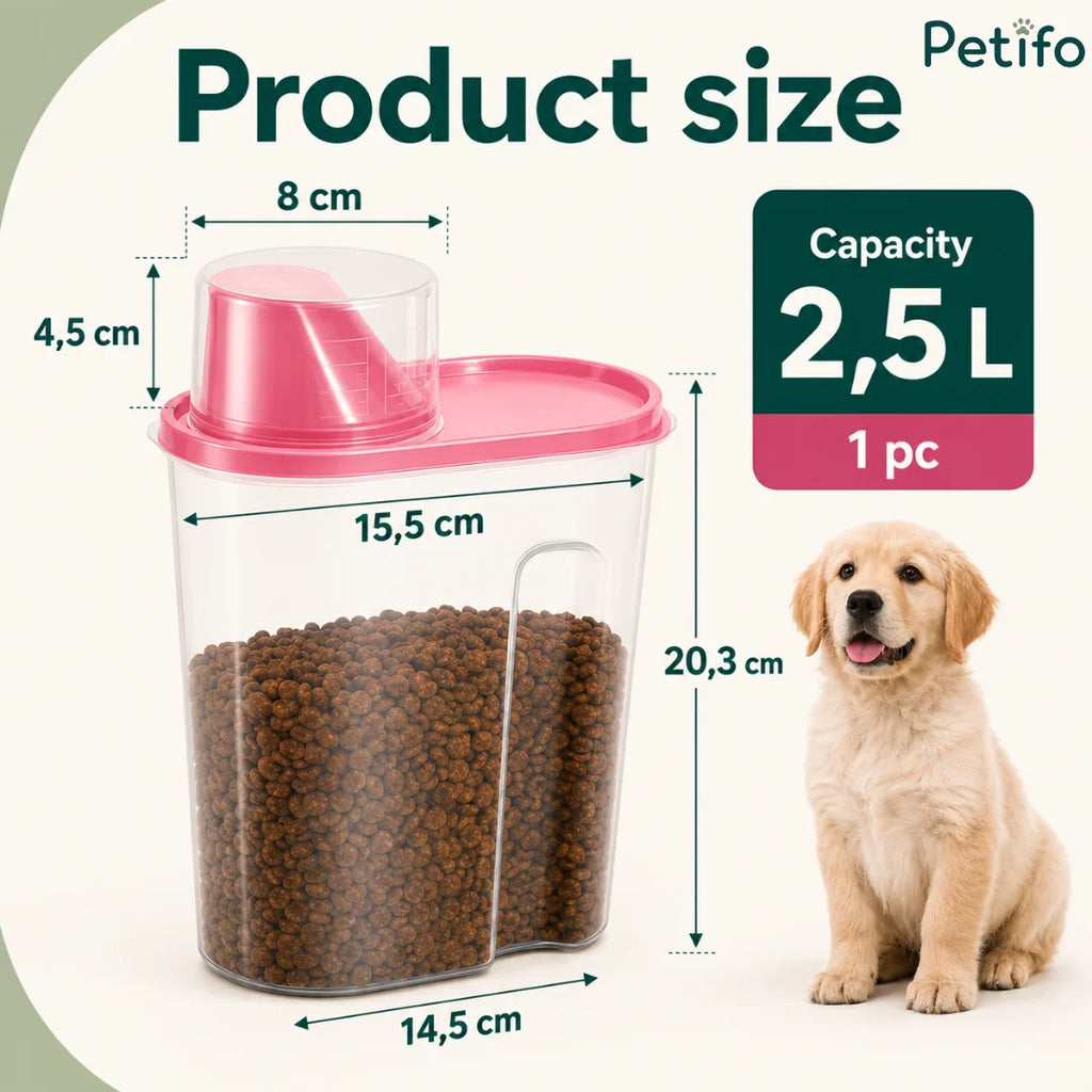 Product size dimensions and 2.5L capacity of the pink and clear pet food storage container next to a puppy.