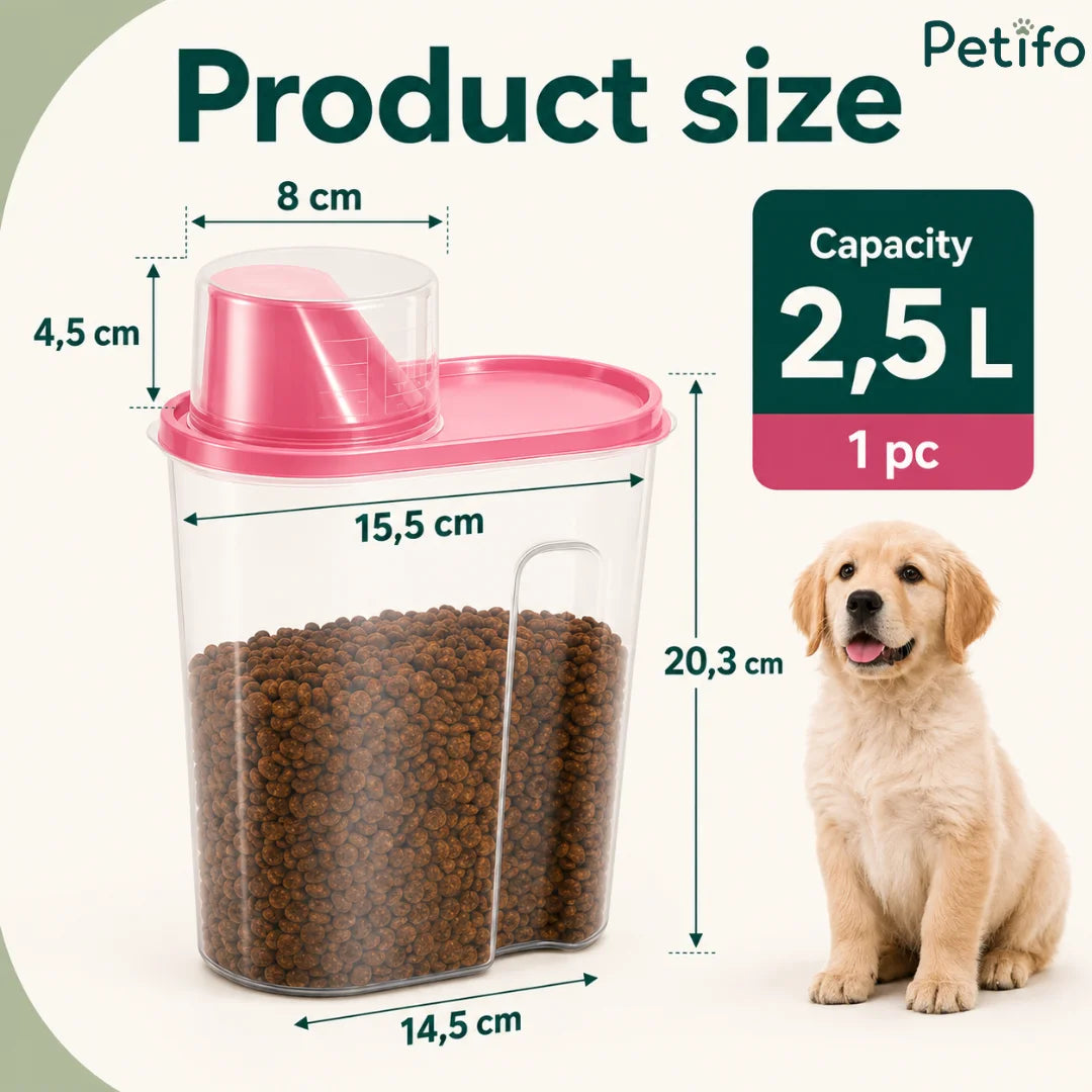 Product size dimensions and 2.5L capacity of the pink and clear pet food storage container next to a puppy.