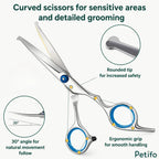 Highlighted features of curved pet grooming scissors featuring a 30-degree angle, rounded safety tip, and ergonomic grip.
