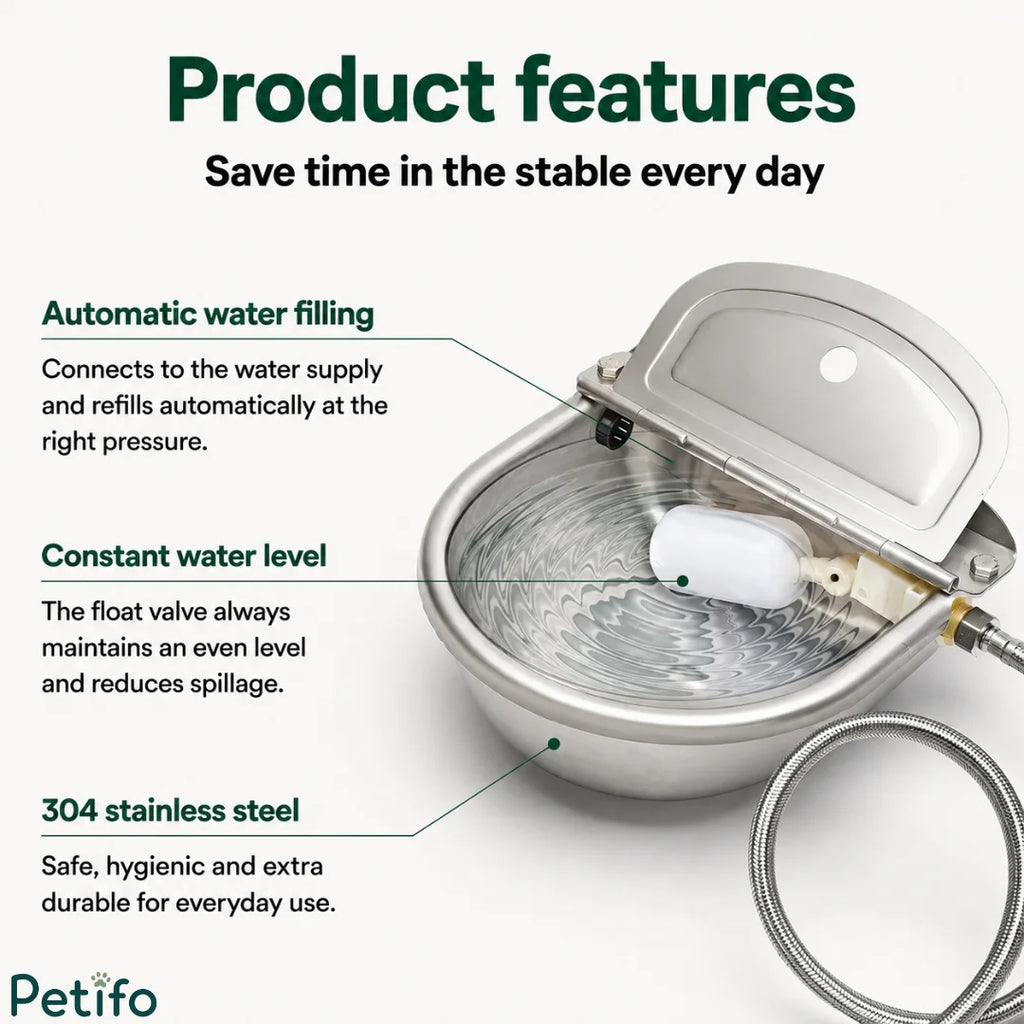 Key product features diagram highlighting automatic water filling, constant water level, and 304 stainless steel construction.