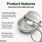 Key product features diagram highlighting automatic water filling, constant water level, and 304 stainless steel construction.