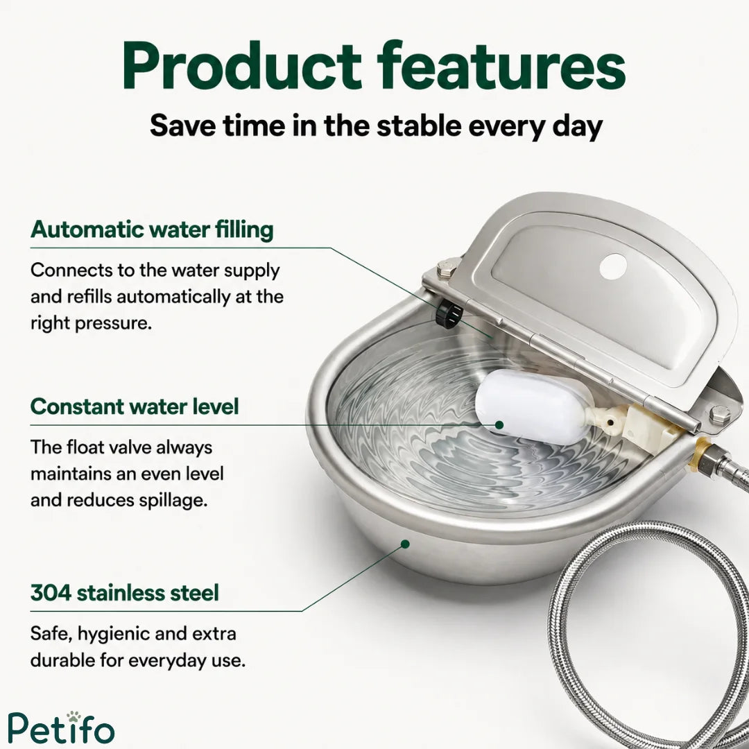Key product features diagram highlighting automatic water filling, constant water level, and 304 stainless steel construction.