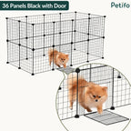Fluffy Pomeranian puppy inside a 36-panels black wire Petifo dog playpen with a door.