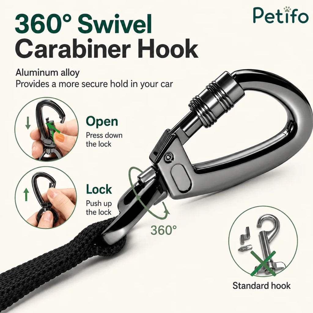 Close-up view of the 360-degree swivel aluminum alloy locking carabiner hook.