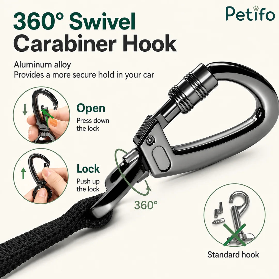Close-up view of the 360-degree swivel aluminum alloy locking carabiner hook.