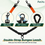 Close-up infographic illustrating the high-quality metal clasps, 360-degree rotation ring, and elastic shock absorption features.