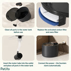 4-step setup guide for assembling, filtering, and plugging in Petifo dog water dispenser