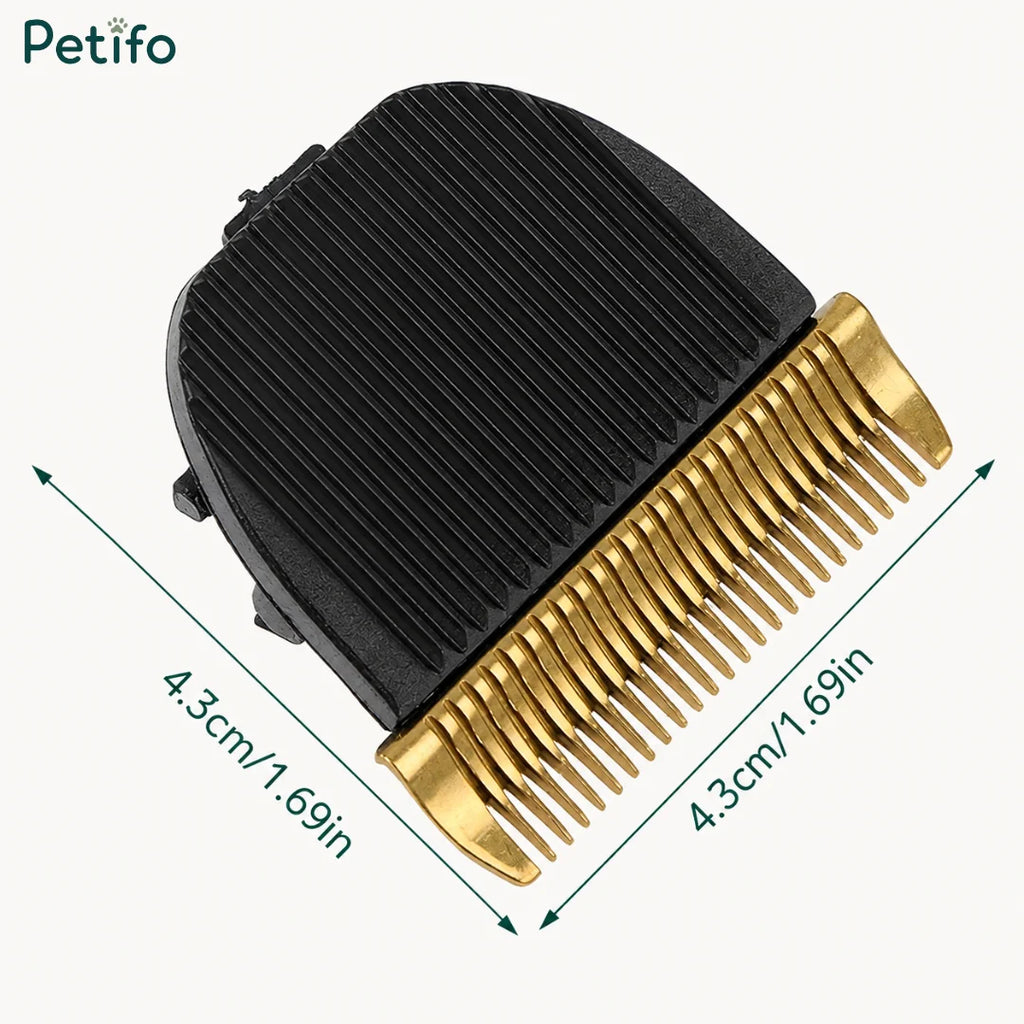 Assembled trimmer blade head with dimension labels showing a 4.3cm / 1.69in measurement on both sides.