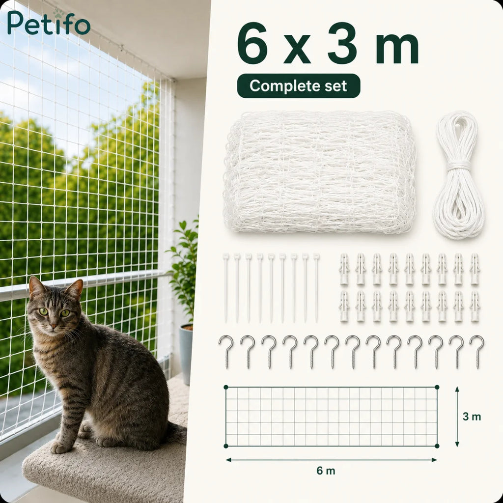 Complete 6x3m white cat safety net kit with mounting accessories and a tabby cat nearby.