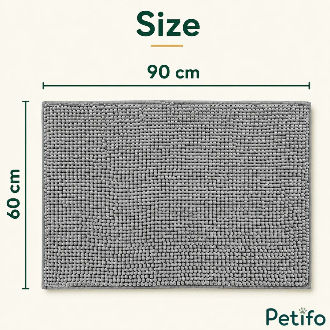 Size dimension guide displaying a 90 cm by 60 cm rectangular grey chenille mud-trapping dog door mat.