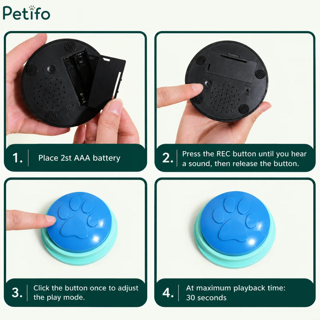 Step-by-step instructions for inserting AAA batteries and recording sound on pet communication buttons.
