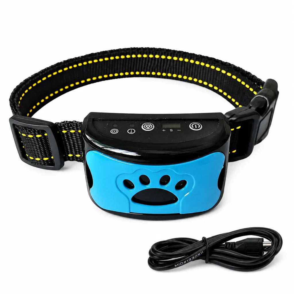 A black anti-bark collar featuring a blue paw-print faceplate and its USB charging cable.