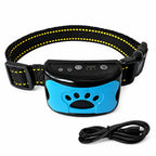 A black anti-bark collar featuring a blue paw-print faceplate and its USB charging cable.