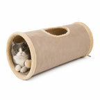 Grey and white cat relaxing comfortably inside a beige plush interactive cat tunnel.