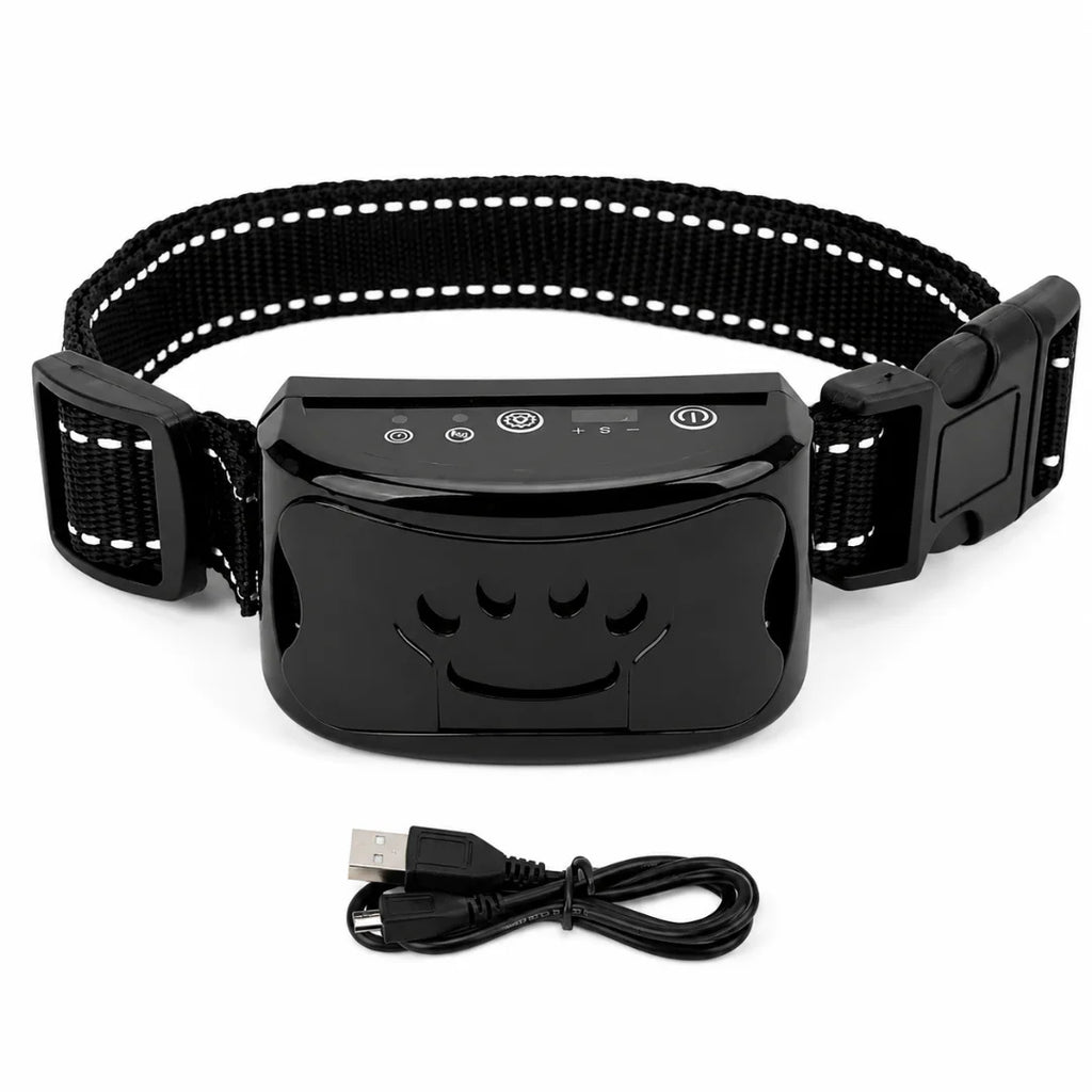 A black anti-bark collar with a paw-print design shown with its USB charging cable on a white background.