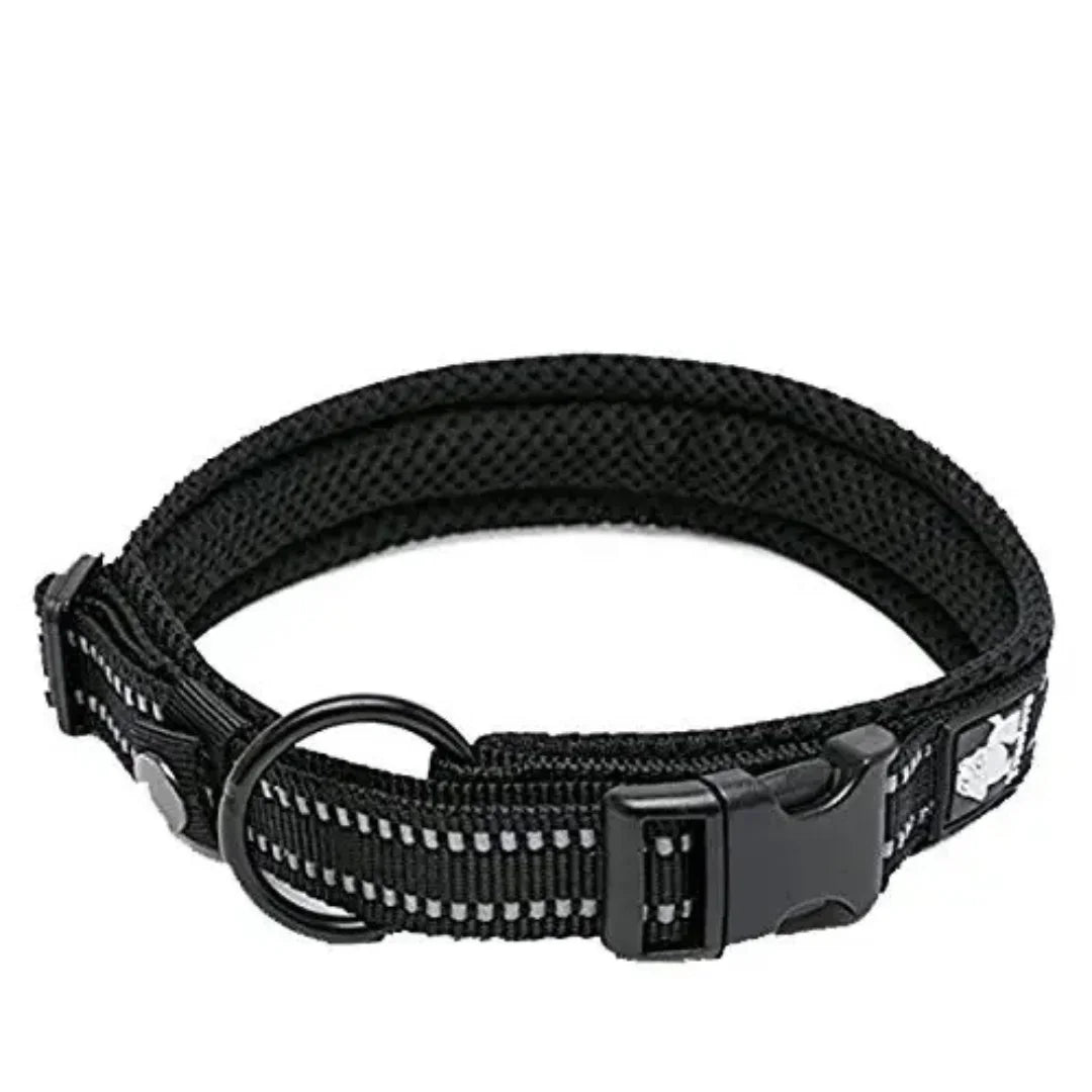 A black, breathable mesh dog collar equipped with a heavy-duty black buckle and reflective safety strips