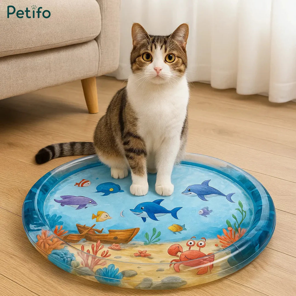 Tabby and white cat sitting neatly on top of a blue underwater-themed cat water mat.