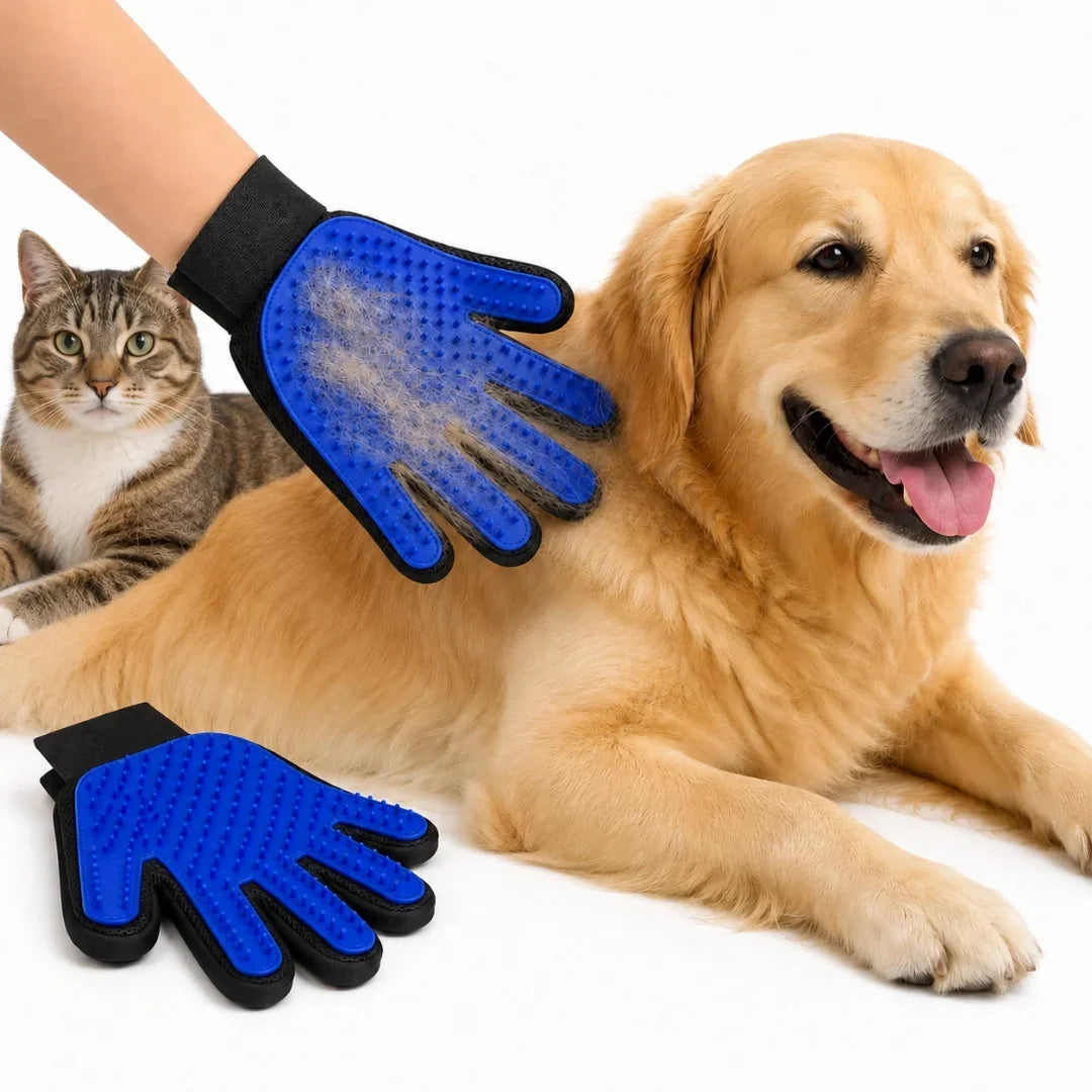Product showcase image displaying a blue Petifo grooming glove with collected fur alongside a cat and dog.