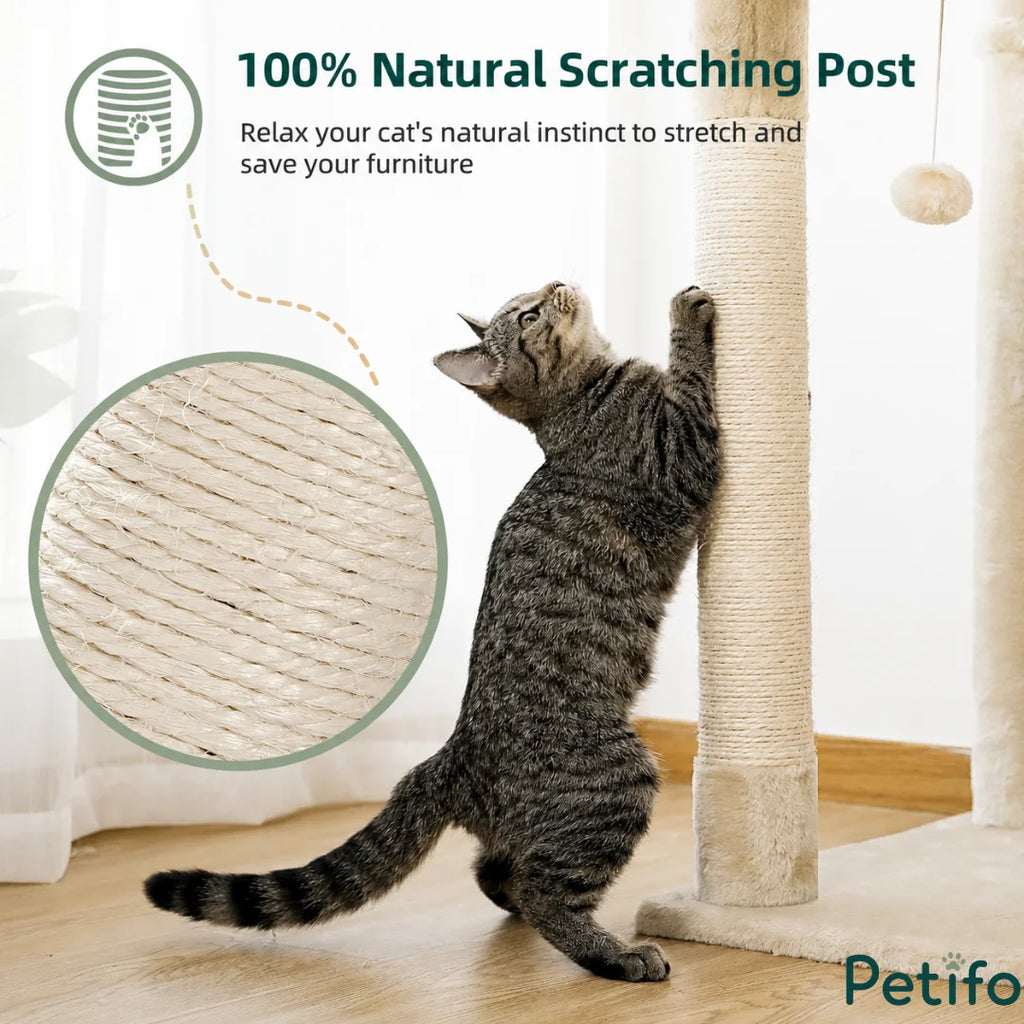 A close-up view of a cat using a 100% natural sisal-wrapped scratching post, highlighting the durable texture meant to protect home furniture.