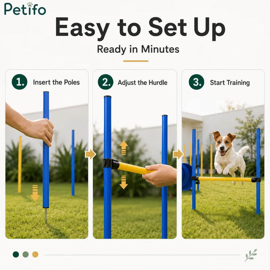 A close-up showing the adjustable height feature and easy-lock mechanism of the Petifo dog jump hurdle.