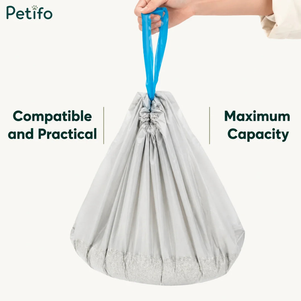 A filled Petifo replacement waste bag with a blue drawstring, emphasizing its compatibility, practicality, and maximum capacity.