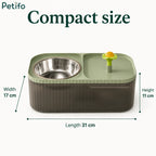 Dimension guide graphic showing the compact width, height, and length measurements of the green pet feeding and watering station.