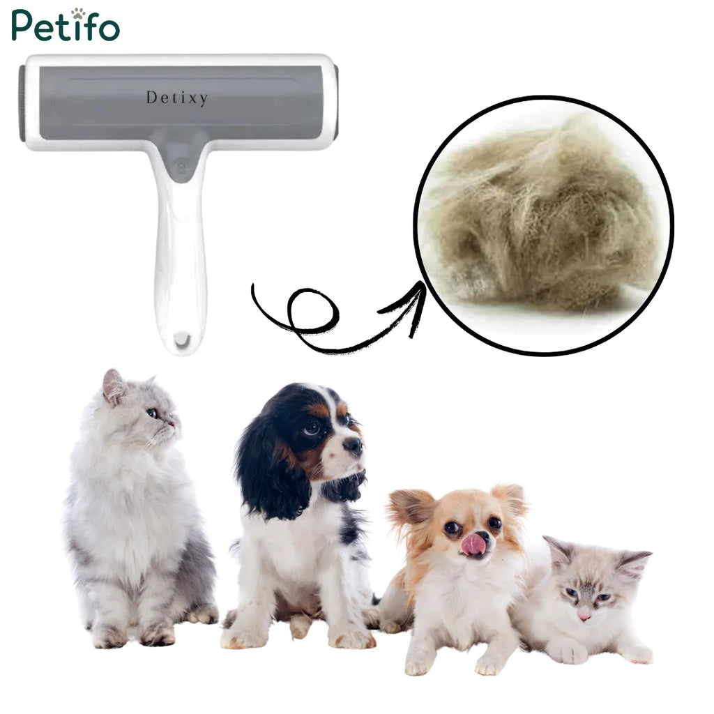 A promotional graphic for the Petifo pet hair remover featuring a white and grey roller pointing toward a collected ball of pet fur, displayed above various cats and dogs.