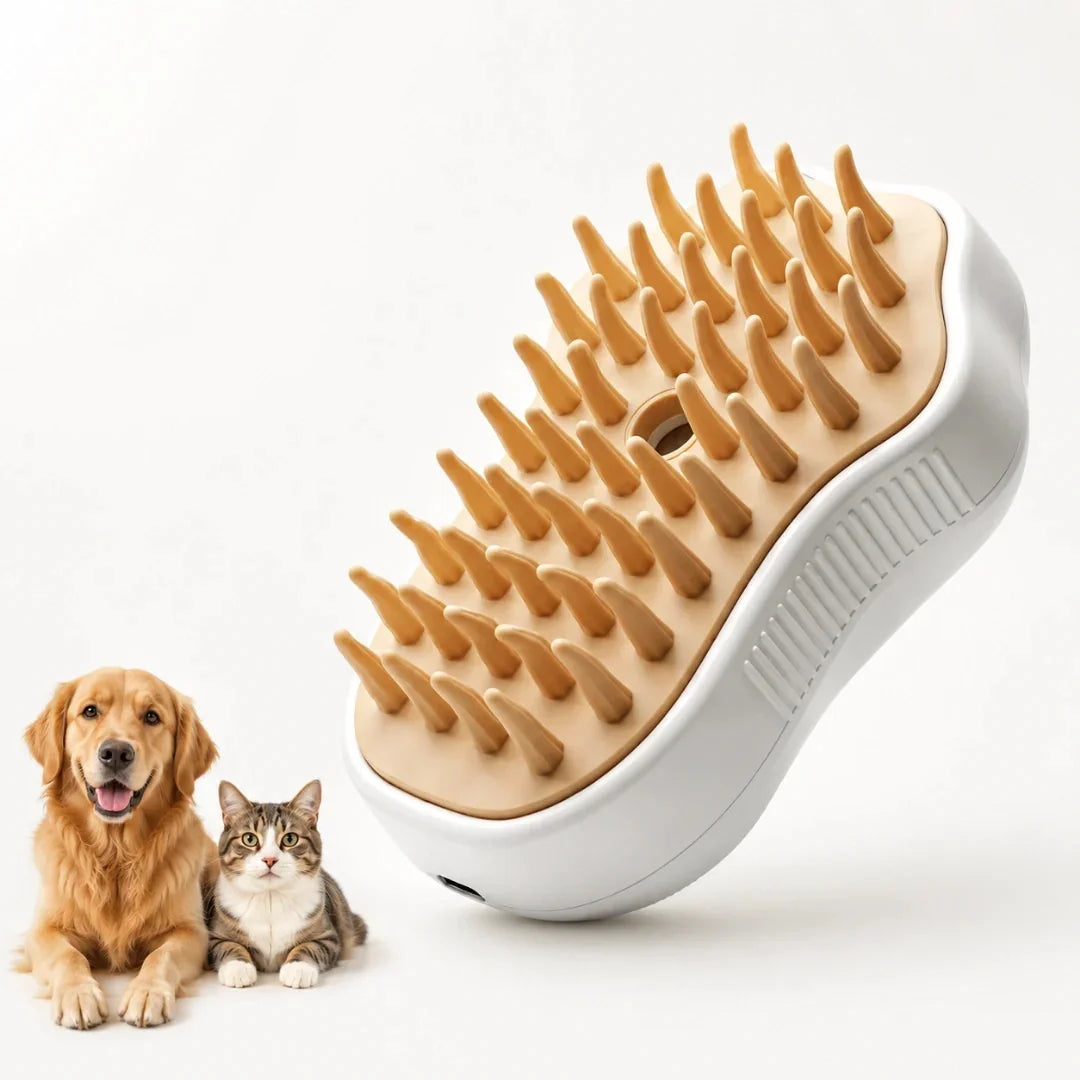 A white and brown paw-shaped pet grooming brush displayed next to a golden retriever and a tabby cat.