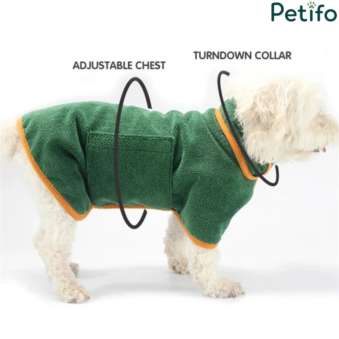 White dog demonstrating adjustable chest wrap and turndown collar on Petifo drying robe