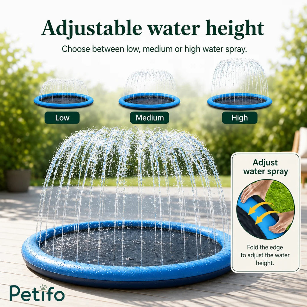 Demonstration showing low, medium, and high adjustable water spray settings on the blue dog sprinkler pool.