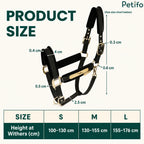 Product size chart and dimensions diagram for the adjustable horse halter.