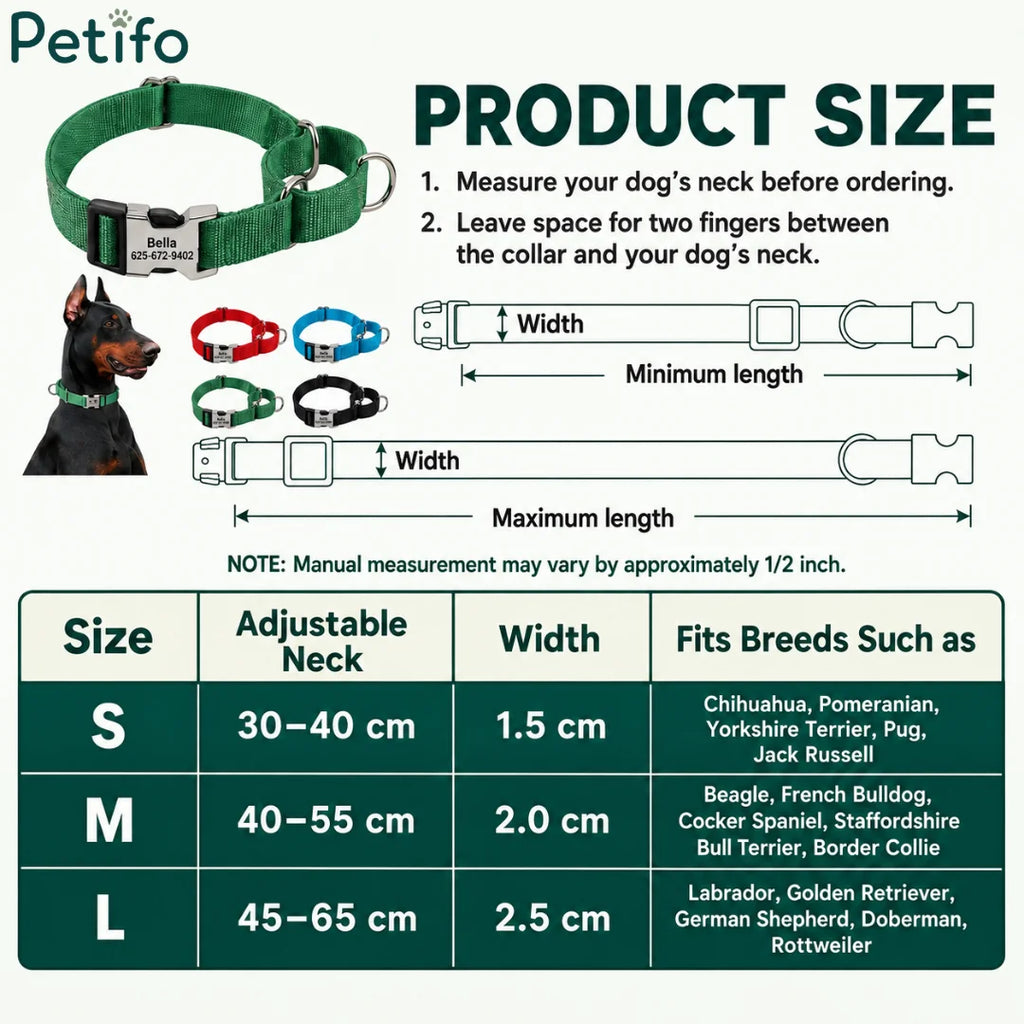 Size chart and measuring guide for adjustable reflective dog collars with custom metal nameplates.