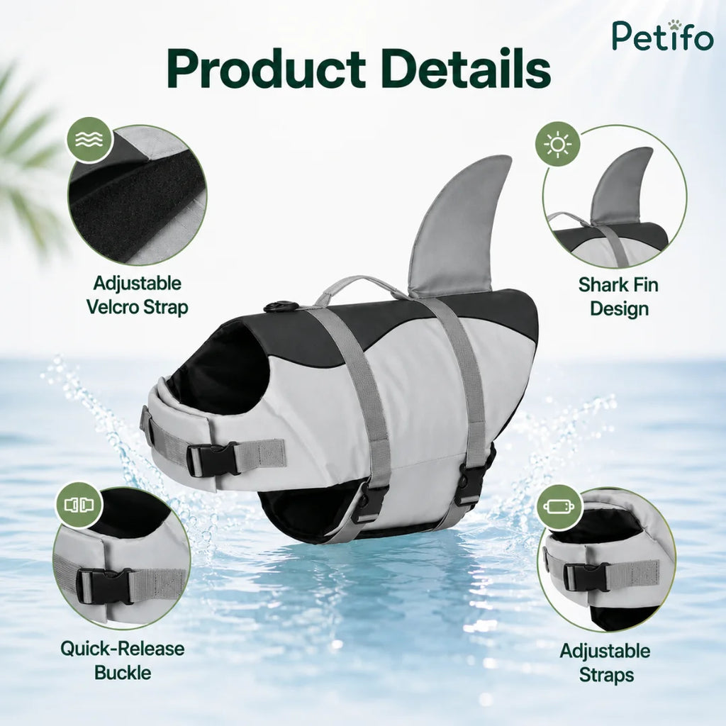 Product details of the Petifo shark dog life jacket featuring adjustable velcro, quick-release buckles, and straps.