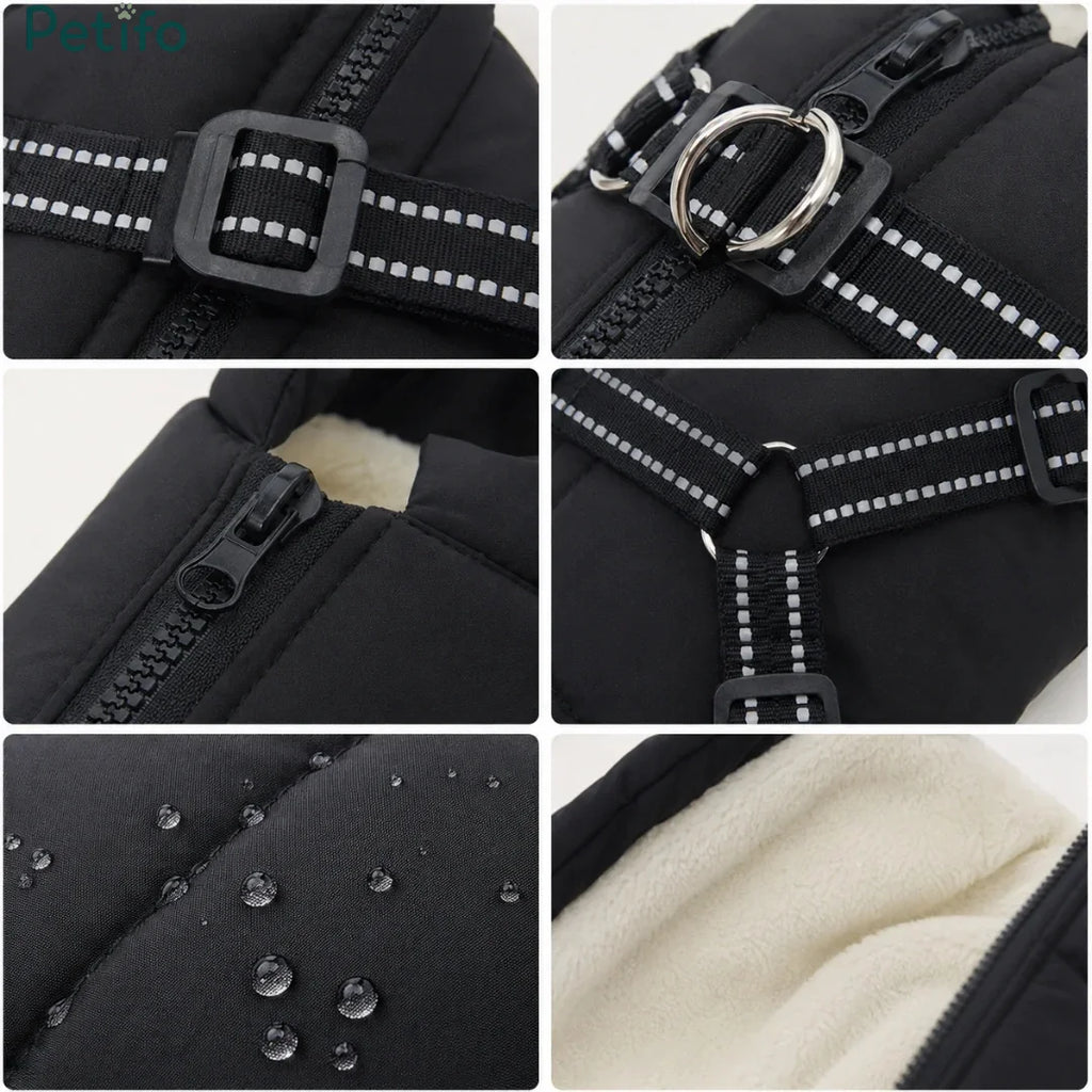 Detailed grid showing hardware features including metal leash rings, adjustable buckles, and water-resistant fleece lining.