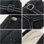 Detailed grid showing hardware features including metal leash rings, adjustable buckles, and water-resistant fleece lining.