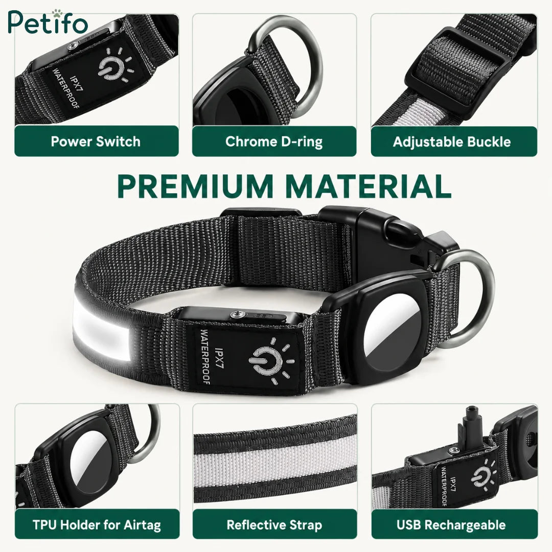 Detailed feature breakdown of the LED dog collar highlighting the power switch, chrome D-ring, adjustable buckle, TPU AirTag holder, reflective strap, and USB rechargeable design.