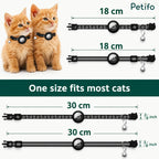 Size guide infographic displaying adjustable dimensions from 18 cm to 30 cm showing that one size fits most cats.