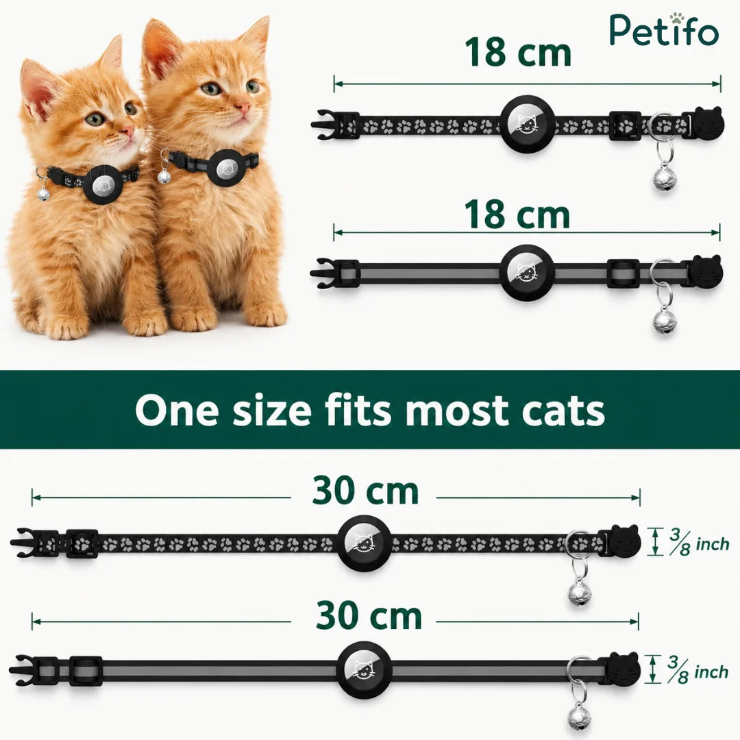 Size guide infographic displaying adjustable dimensions from 18 cm to 30 cm showing that one size fits most cats.