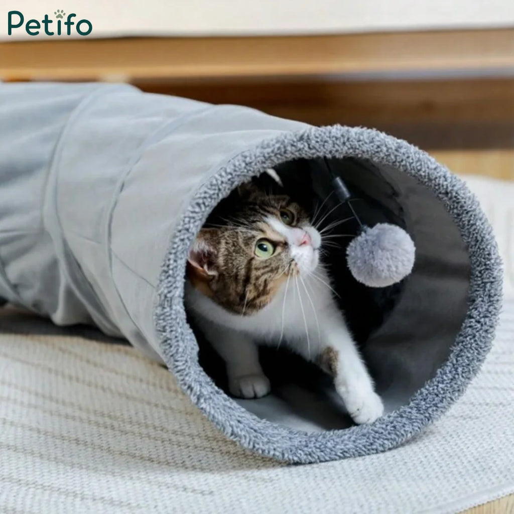 Close-up of an adorable cat looking through the fuzzy entrance of a grey plush cat tunnel.