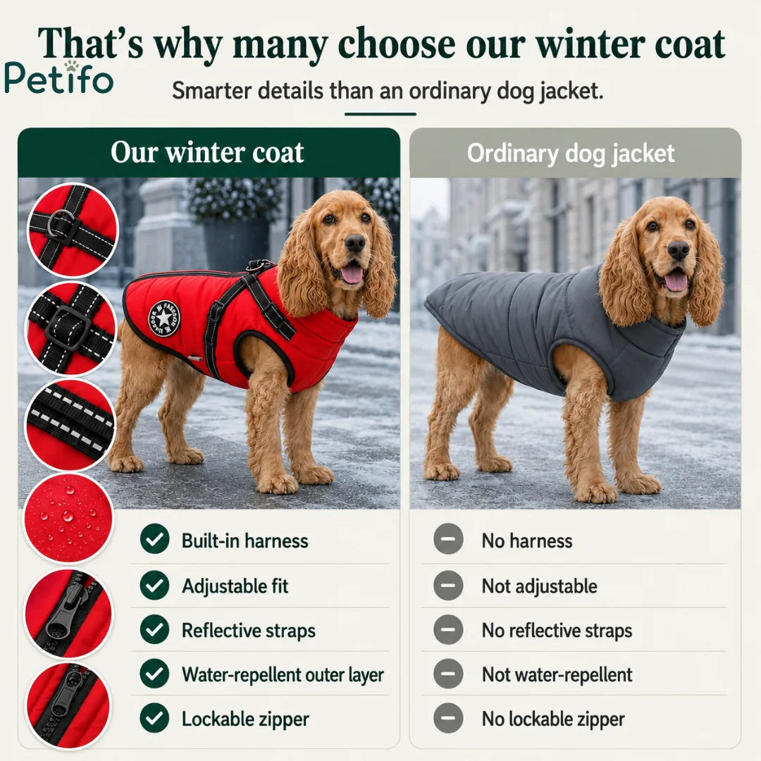 Comparison infographic highlighting the advanced features of the winter dog coat over ordinary jackets.