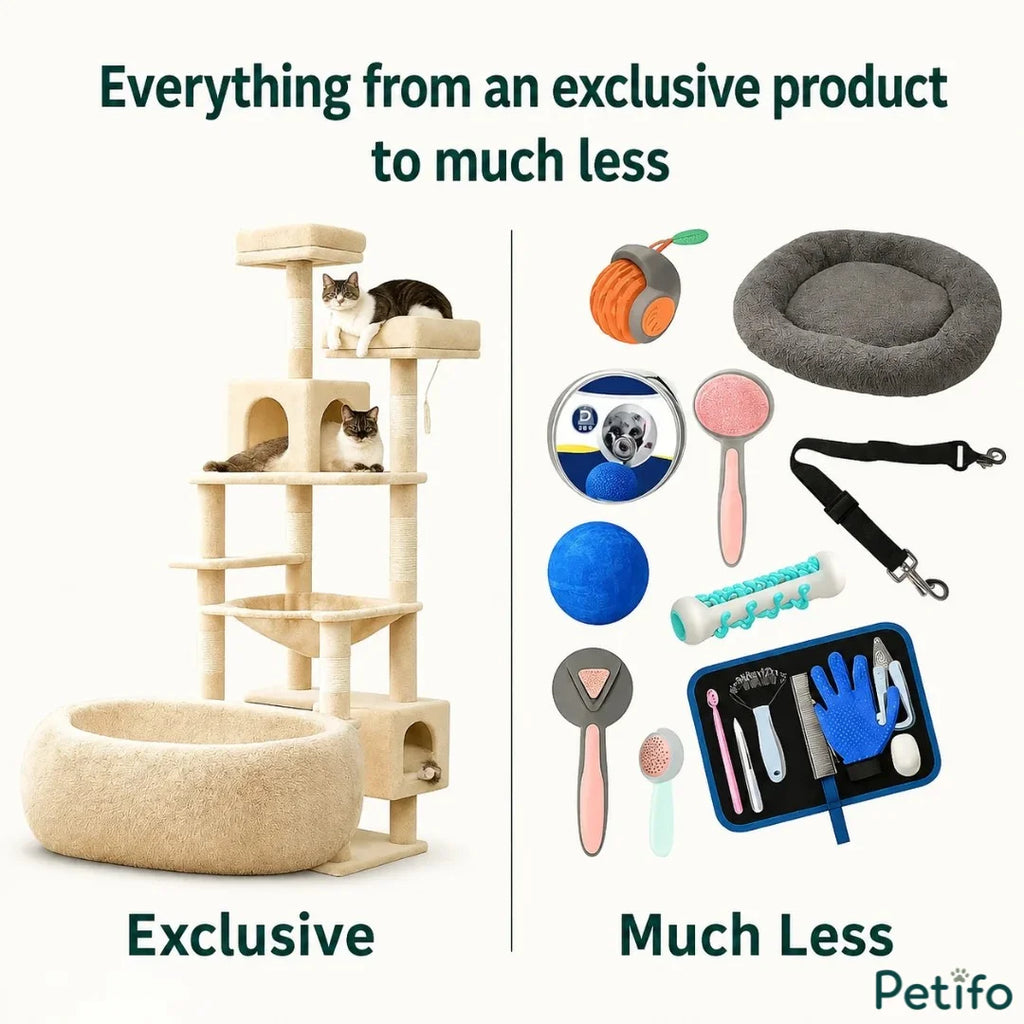 Comparison banner highlighting exclusive pet products versus affordable bundle items.