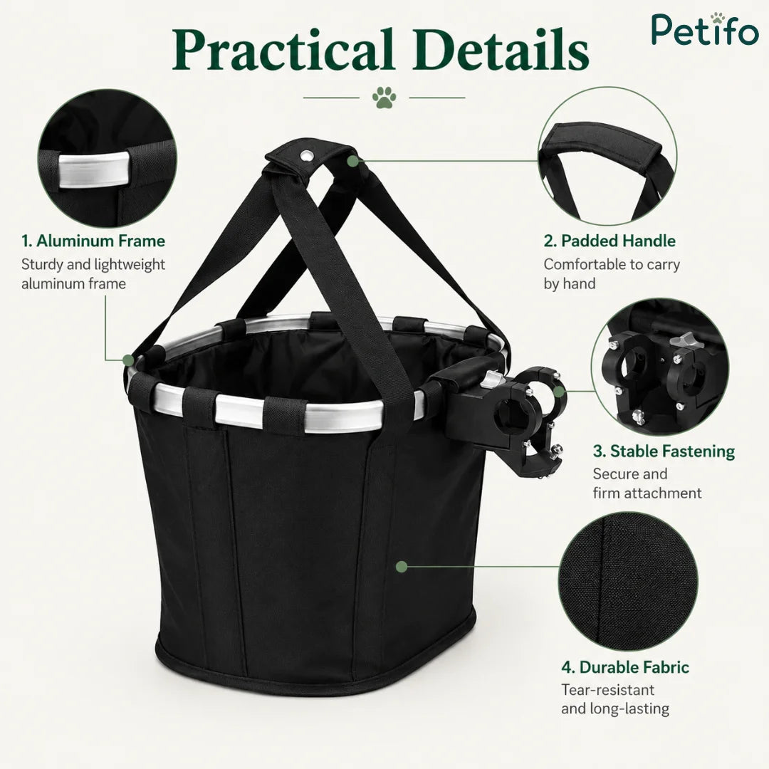 Practical details infographic highlighting the sturdy aluminum frame, padded handle, stable fastening mechanism, and tear-resistant durable fabric.