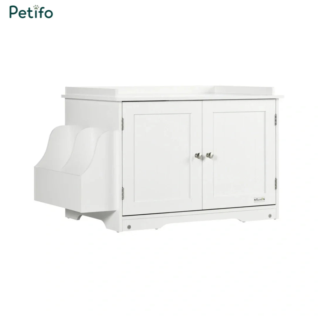 Angled view of the white Petifo cat litter enclosure, showcasing its sturdy construction and integrated side storage compartments.