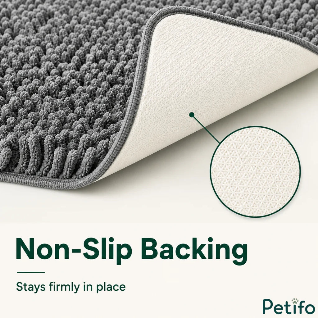 Close-up angle showing the textured anti-skid backing of the grey pet mat designed to prevent sliding on floors.