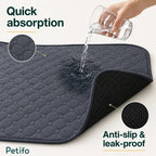 Close-up demonstration of water absorption and anti-slip silicone backing on a grey pet pee pad.