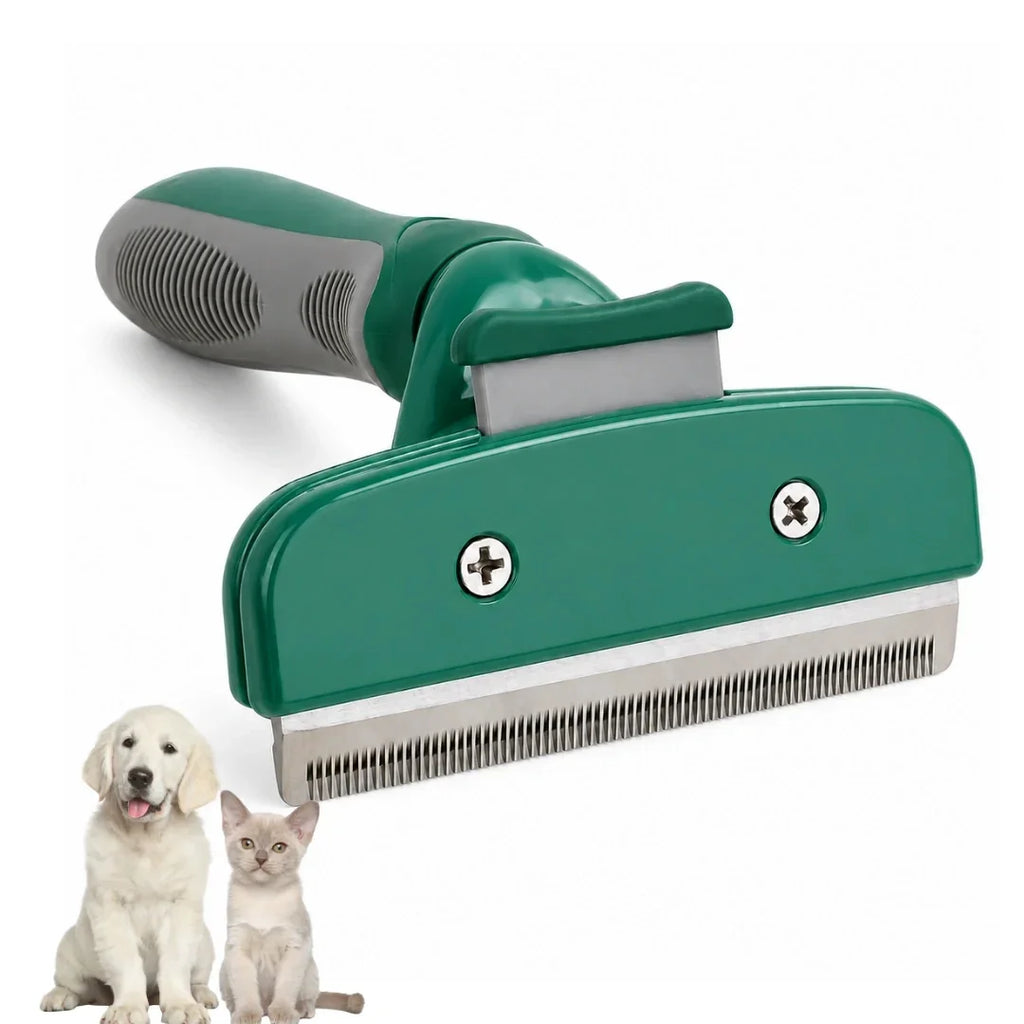 Green pet deshedding tool with a stainless steel comb blade and anti-slip handle alongside a puppy and kitten.